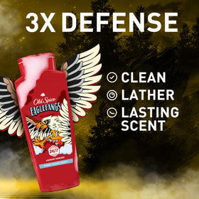 Old Spice Eaglefangs bottle pour highlighting quick, refreshing lather