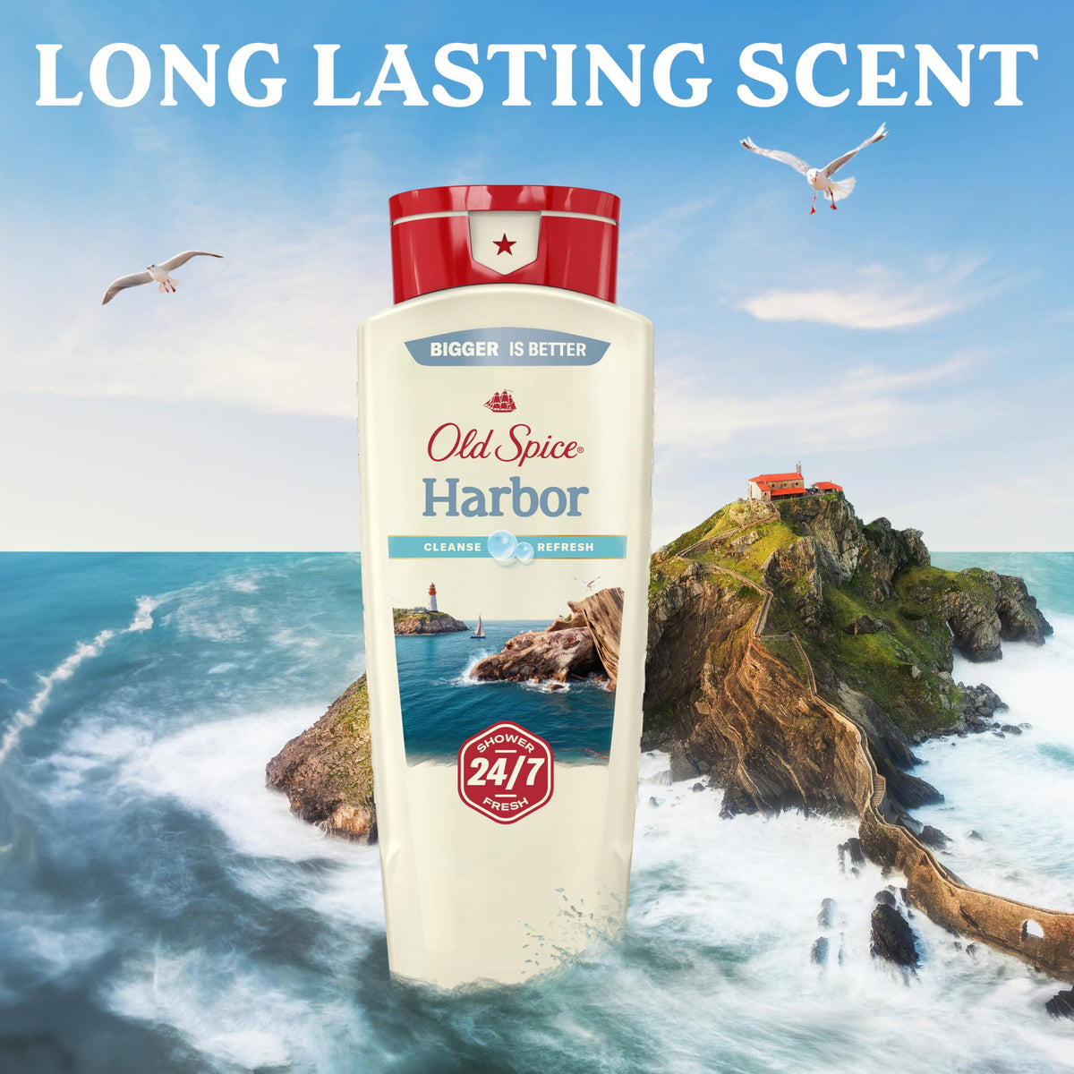 Old Spice Harbor bottle on shower shelf ready for daily use.
