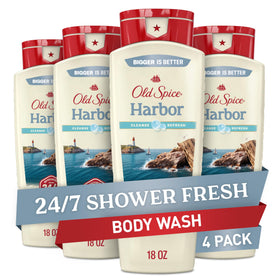 Old Spice Harbor bottle highlighting coastal breeze scent for a refreshing shower.
