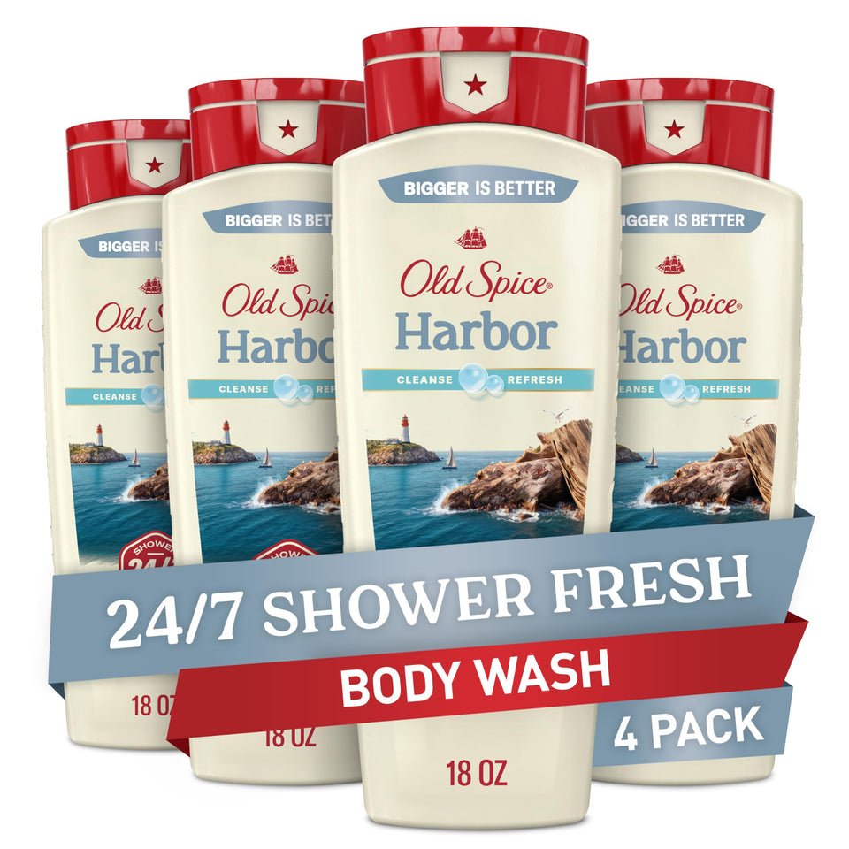 Old Spice Harbor bottle highlighting coastal breeze scent for a refreshing shower.