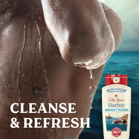 Old Spice Harbor foamy lather in hand suggests thorough cleansing.