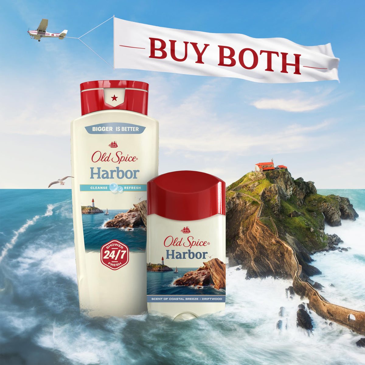 Old Spice Harbor four-pack display emphasizes value and consistency.