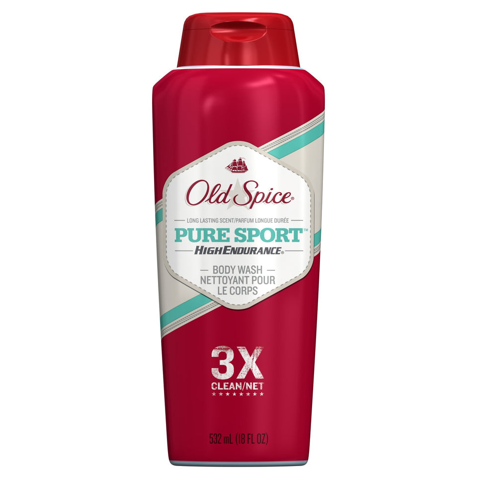 Old Spice High Endurance Pure Sport body wash 2-pack, front view for active use.