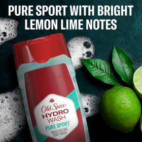 Old Spice Hydro Wash on bathroom shelf suggests quick daily routine.