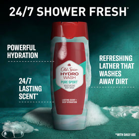 Old Spice Hydro Wash bottle side view highlighting 21 oz size for long use.