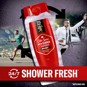 Old Spice Hydro Wash action shot washing away dirt during a shower.