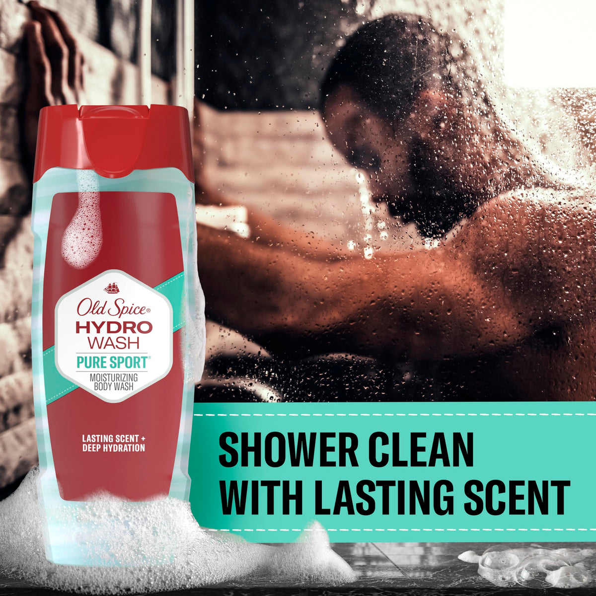 Old Spice Hydro Wash Pure Sport label emphasizes consistent 24/7 freshness.