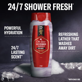 Old Spice Hydro Wash pump-dispense close-up highlighting easy lather and hydration.