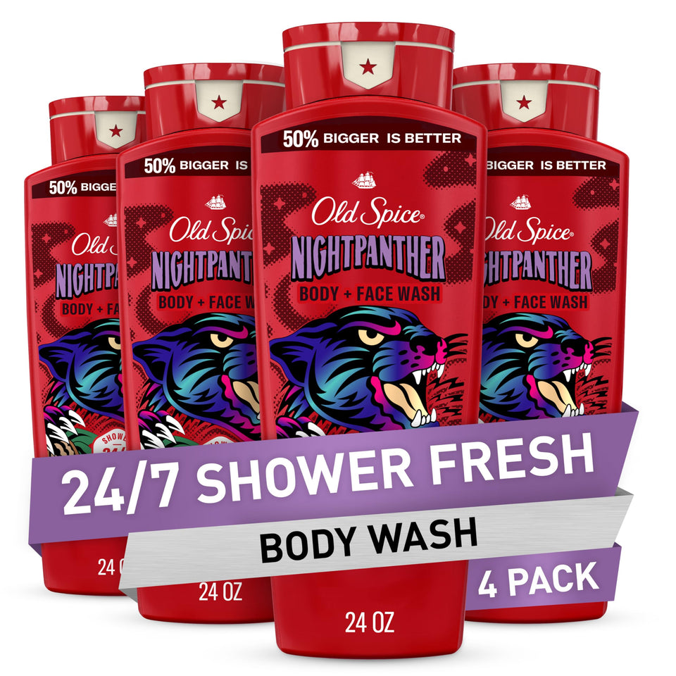 Old Spice NightPanther bottle front with 24 oz size for daily use and long-lasting scent.