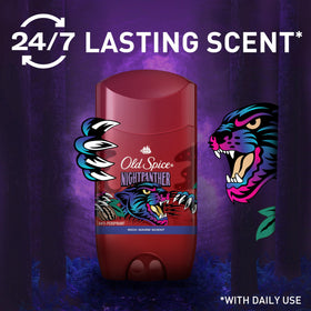 Old Spice NightPanther label close-up showcases gourmet notes and citrus-herbal blend.