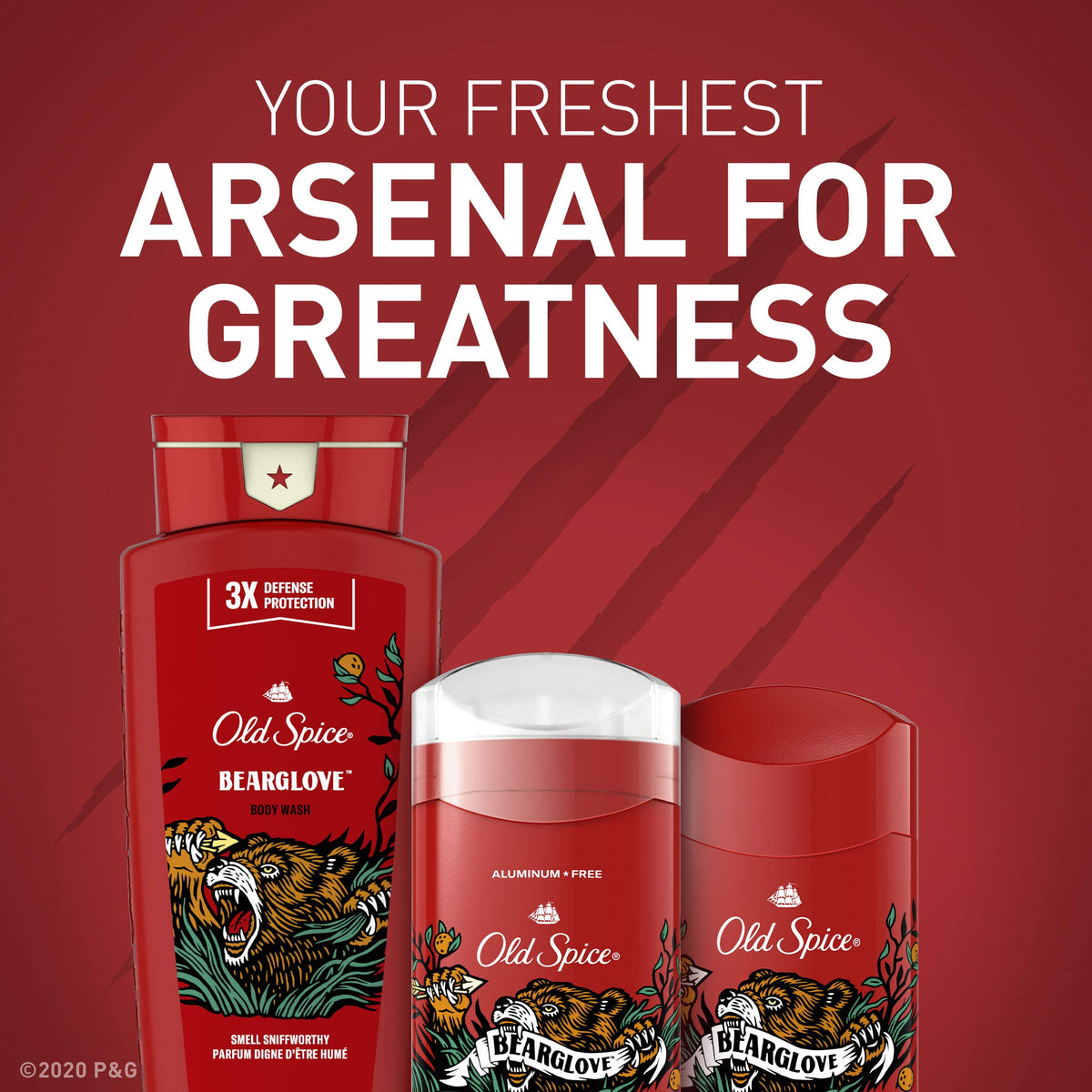 Old Spice Bearglove packaging design emphasizes aluminum-free formula and protection.