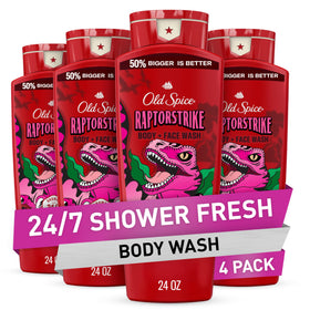 Old Spice Raptorstrike bottle pouring for a quick refreshing shower.