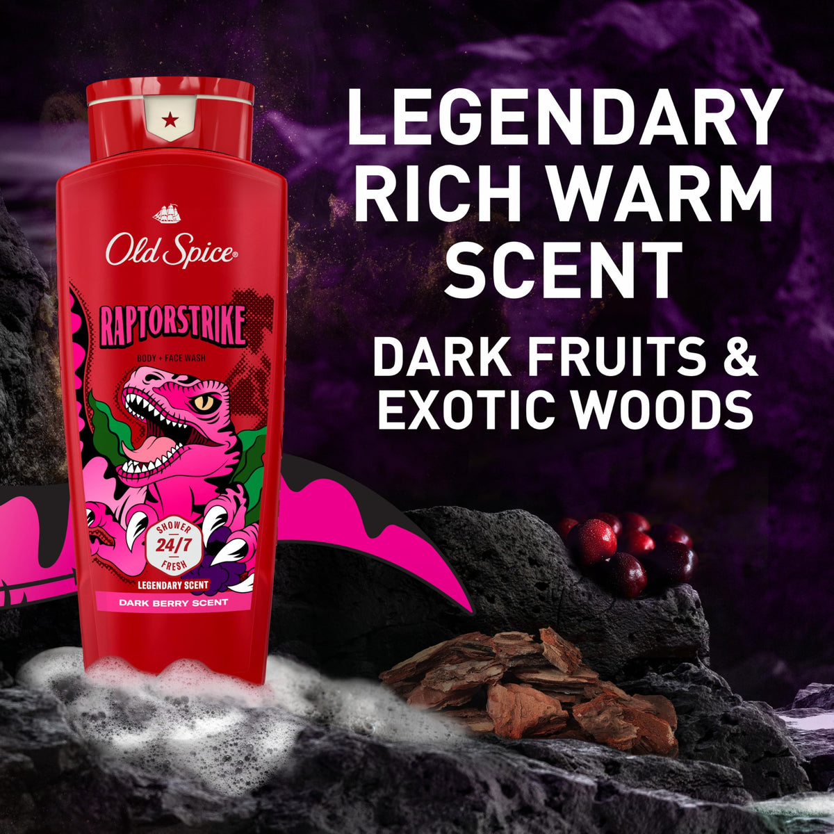 Old Spice Raptorstrike long-lasting scent showcased on bottle label.