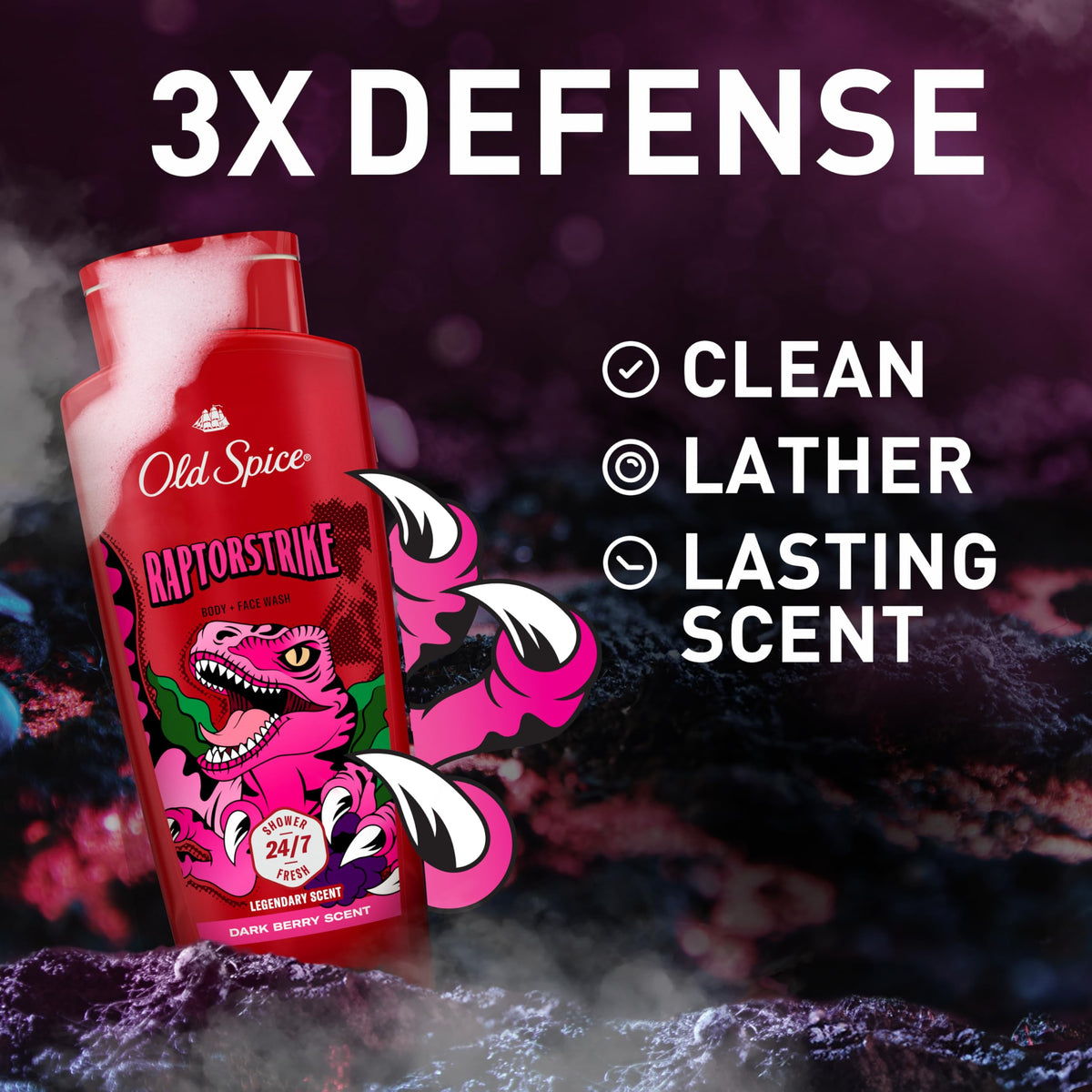 Old Spice Raptorstrike rich lather shown on skin for lasting clean feel.