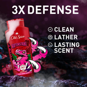 Old Spice Raptorstrike rich lather shown on skin for lasting clean feel.