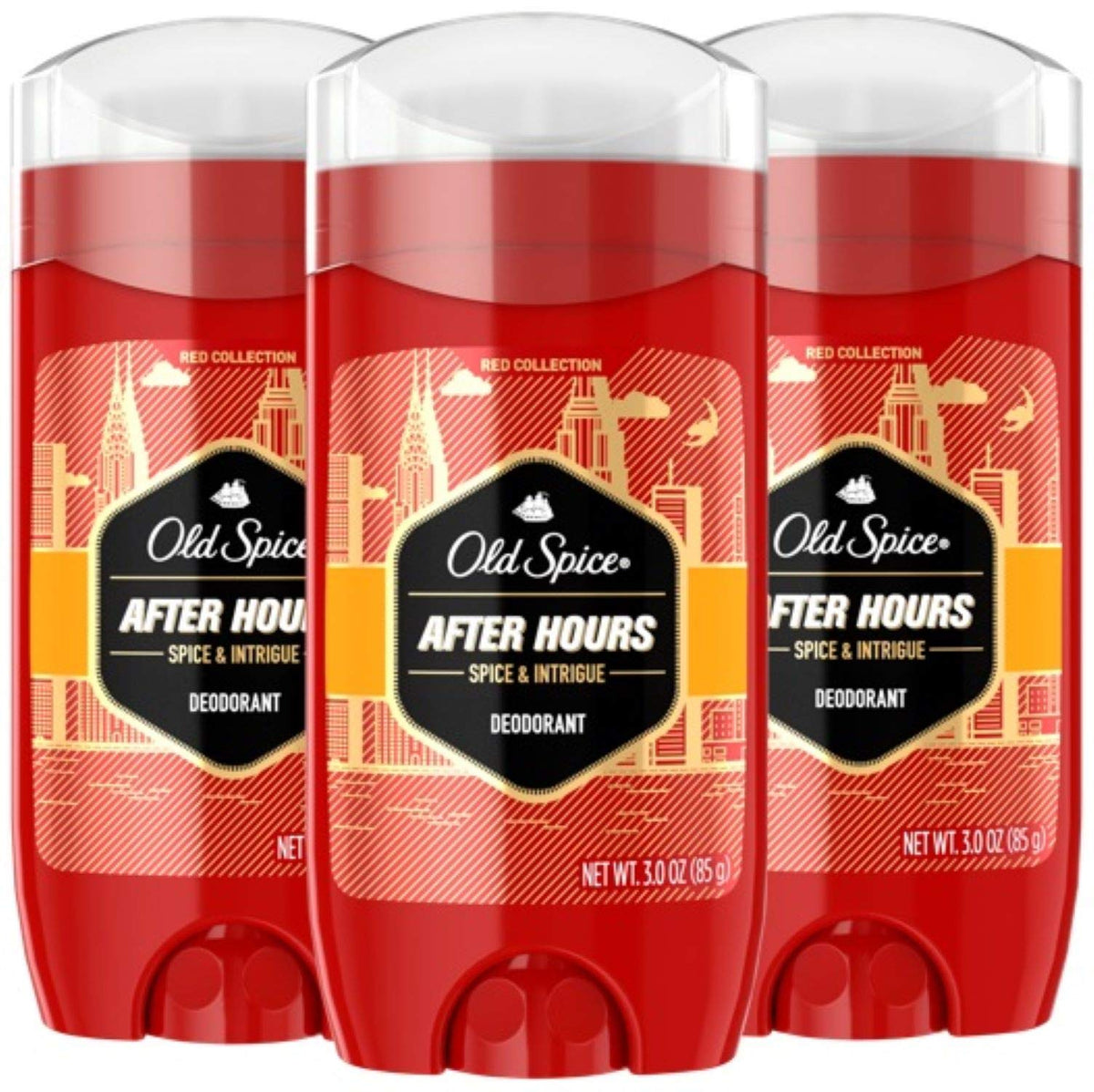 Old Spice Red Collection After Hours deodorant pack shot signaling long-lasting freshness.