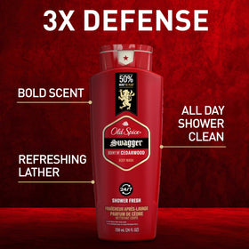 Old Spice Swagger cedarwood bottle back with product details and long-lasting scent.