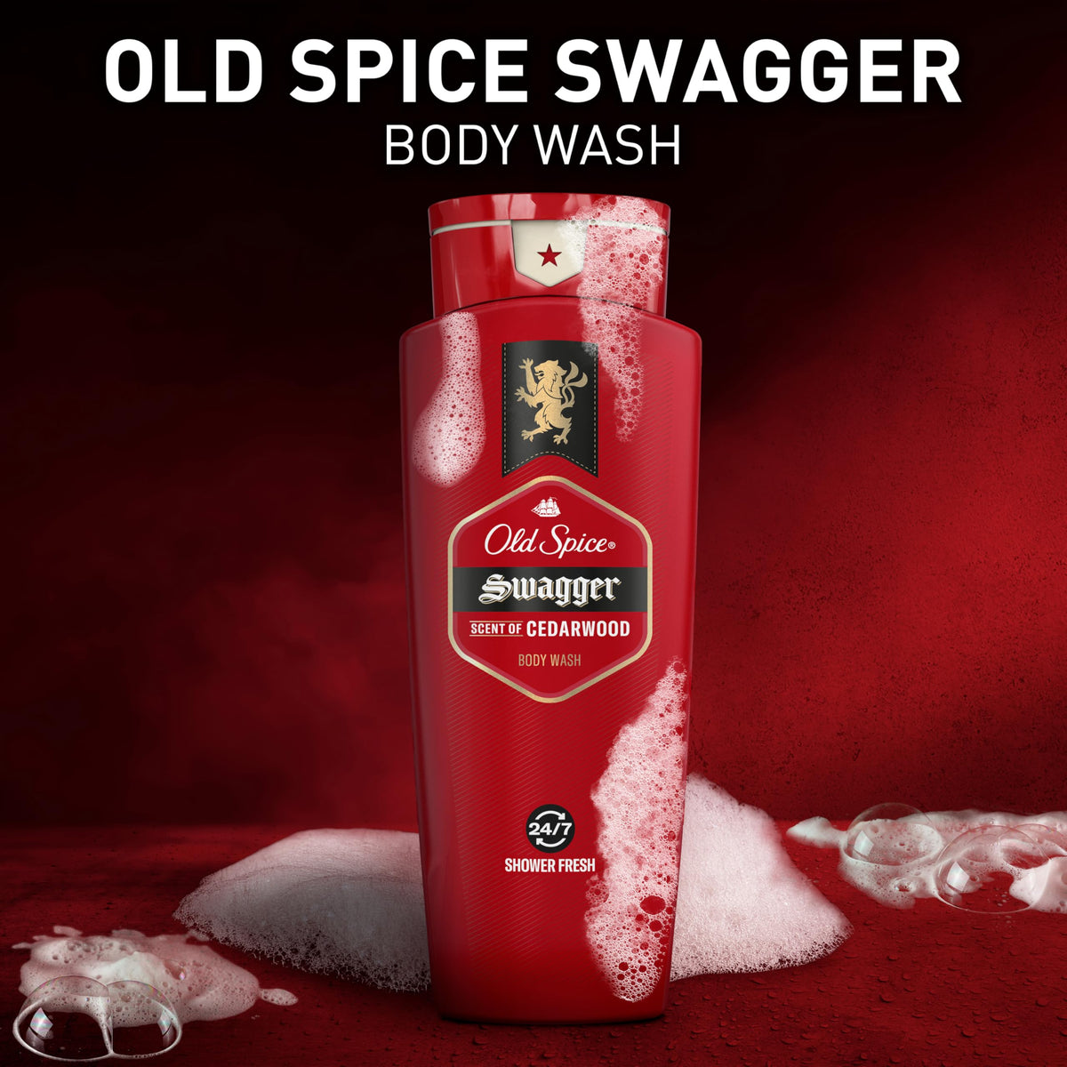 Old Spice Swagger cedarwood scent visual with woody notes and confidence boost.