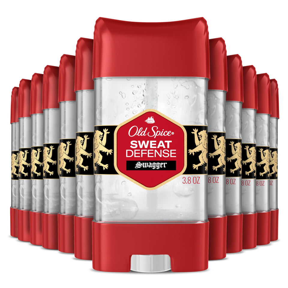 Old Spice Sweat Defense bottle with clear gel that dries invisibly and helps you stay dry.