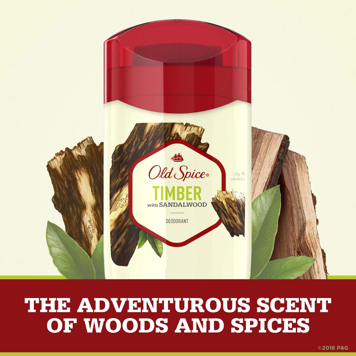 Old Spice Timber sandalwood deodorant label close-up highlights aluminum-free formula