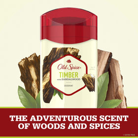 Old Spice Timber sandalwood deodorant label close-up highlights aluminum-free formula