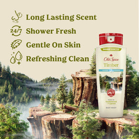 Old Spice Timber Sandalwood foam lather cleans dirt and odors.