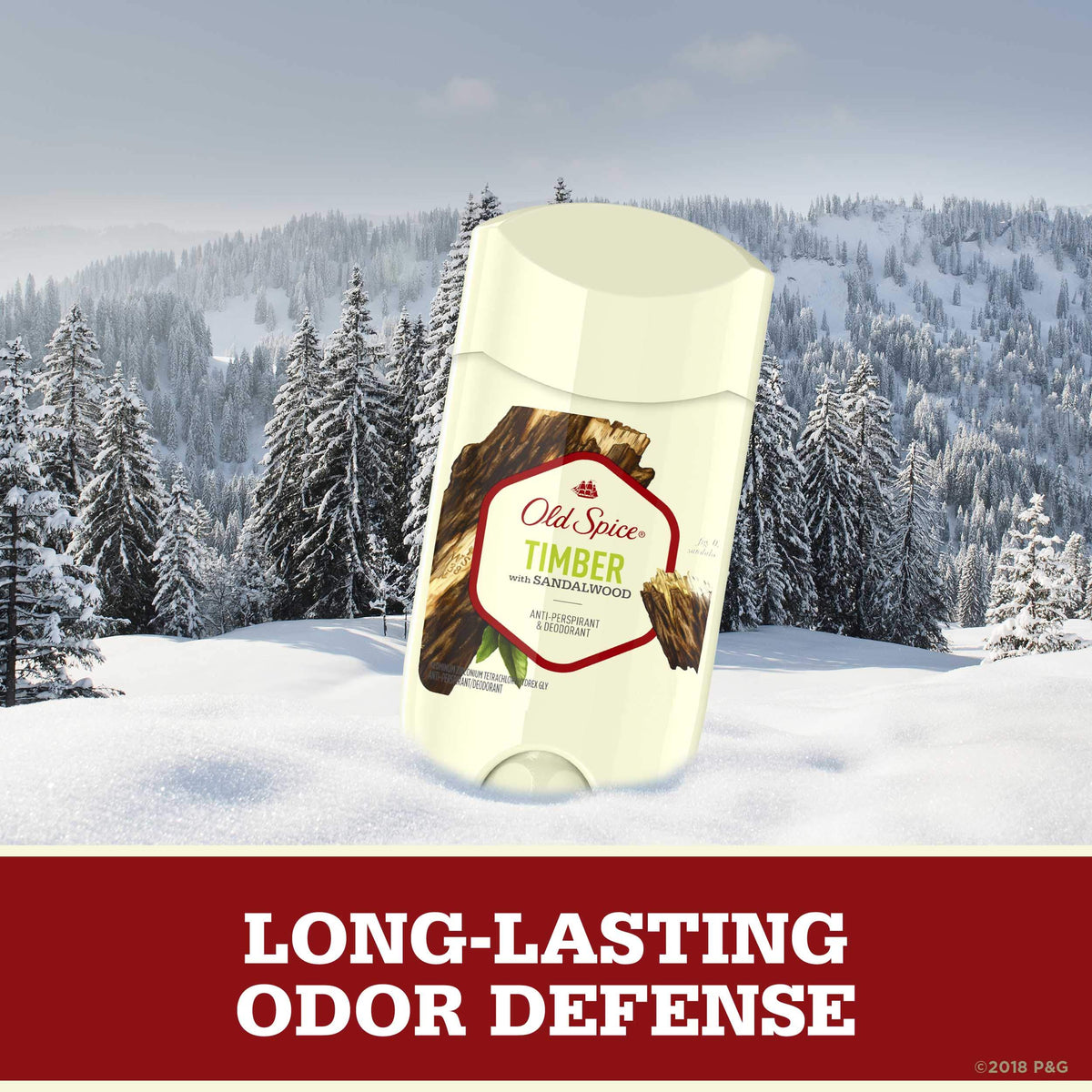 Close-up of the Timber with Sandalwood label on the Old Spice antiperspirant.