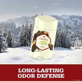 Close-up of the Timber with Sandalwood label on the Old Spice antiperspirant.