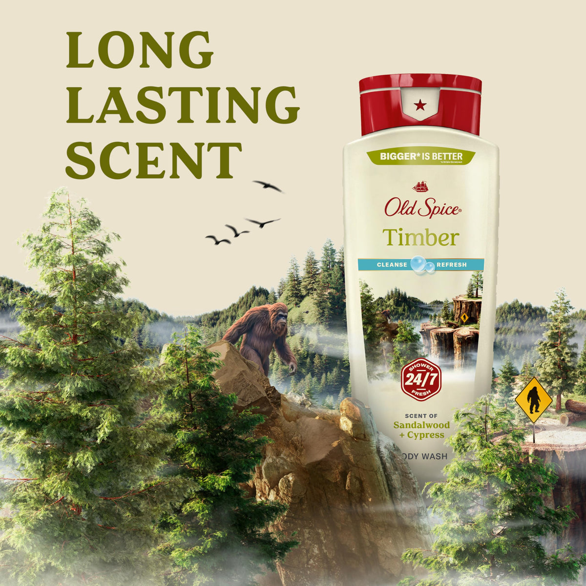 Old Spice Timber Sandalwood suds rinse for clean skin.