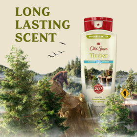 Old Spice Timber Sandalwood suds rinse for clean skin.