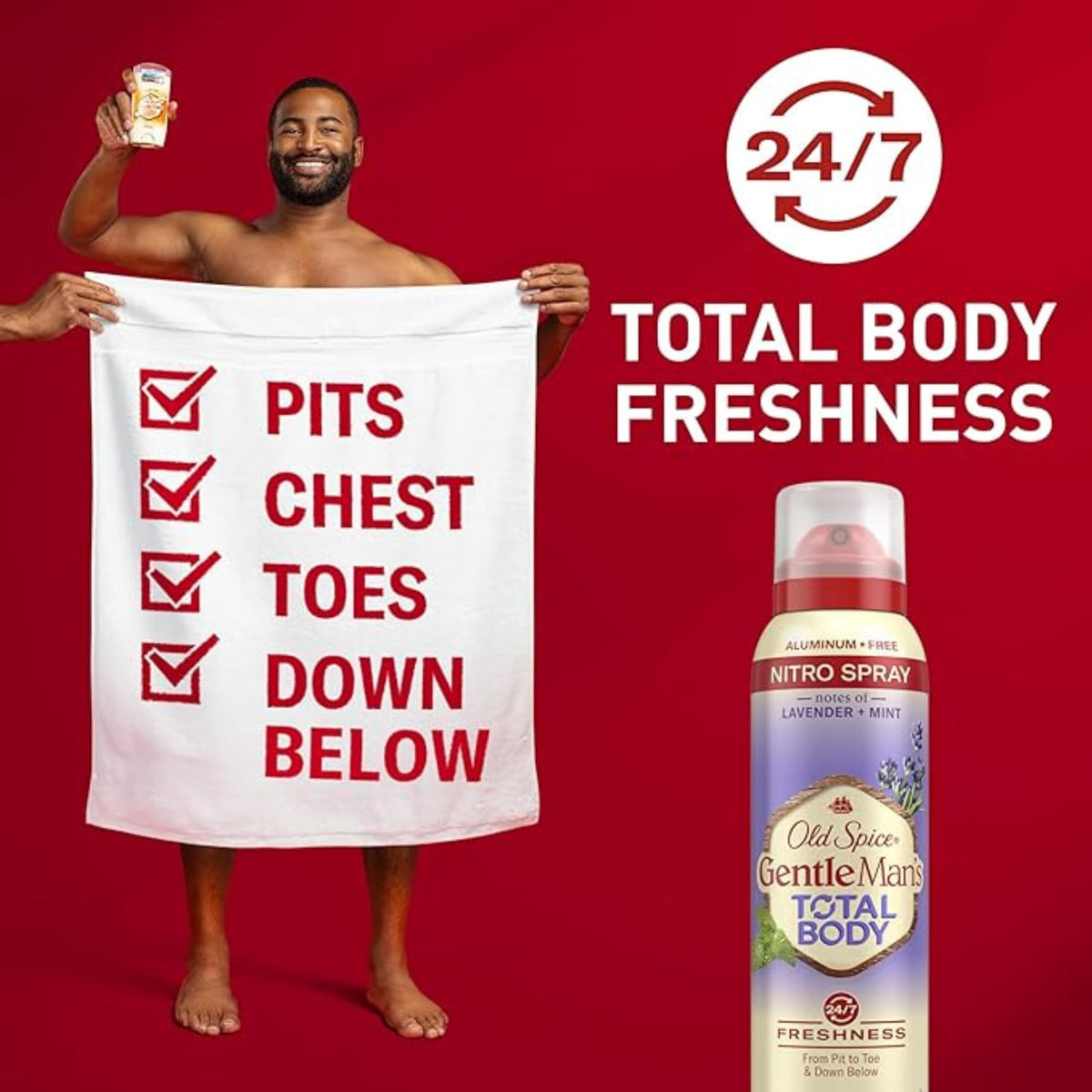 Close-up of Old Spice Lavender Mint spray can provides quick-dry protection.