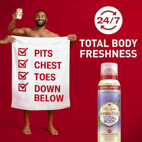 Close-up of Old Spice Lavender Mint spray can provides quick-dry protection.