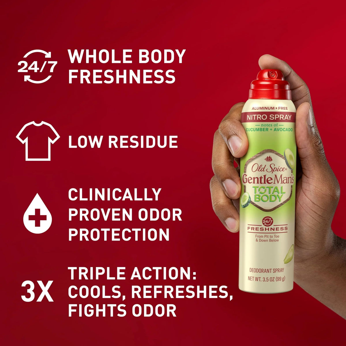 Applying underarm with Old Spice spray provides 24/7 odor protection.