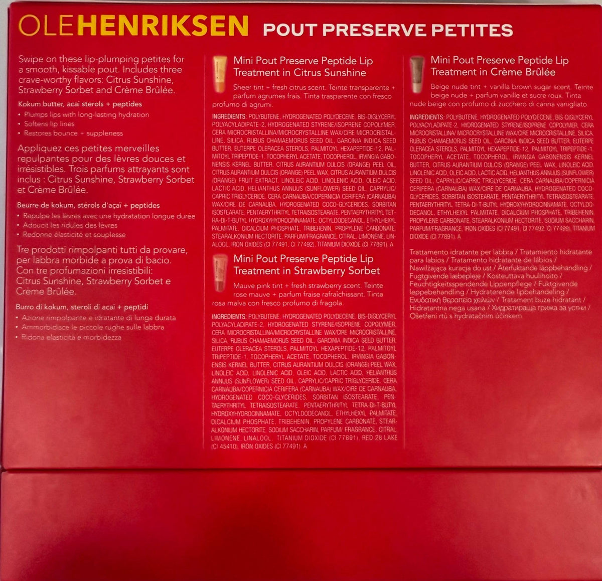 Ole Henriksen Pout Preserve Petites tubes close-up highlighting flavors Citrus Sunshine, Strawberry Sorbet, Crème Brûlée