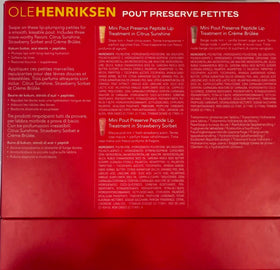 Ole Henriksen Pout Preserve Petites tubes close-up highlighting flavors Citrus Sunshine, Strawberry Sorbet, Crème Brûlée