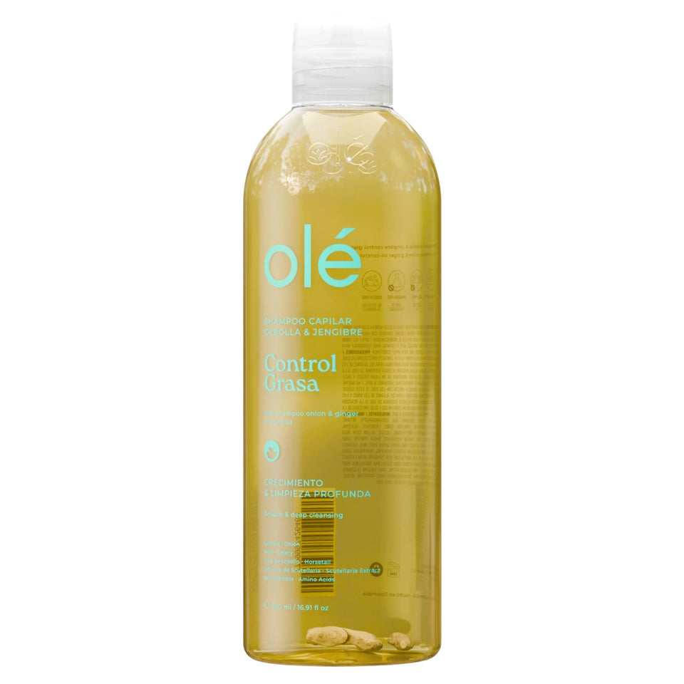 Ole onion-ginger shampoo bottle demonstrates purifying balance for the scalp.