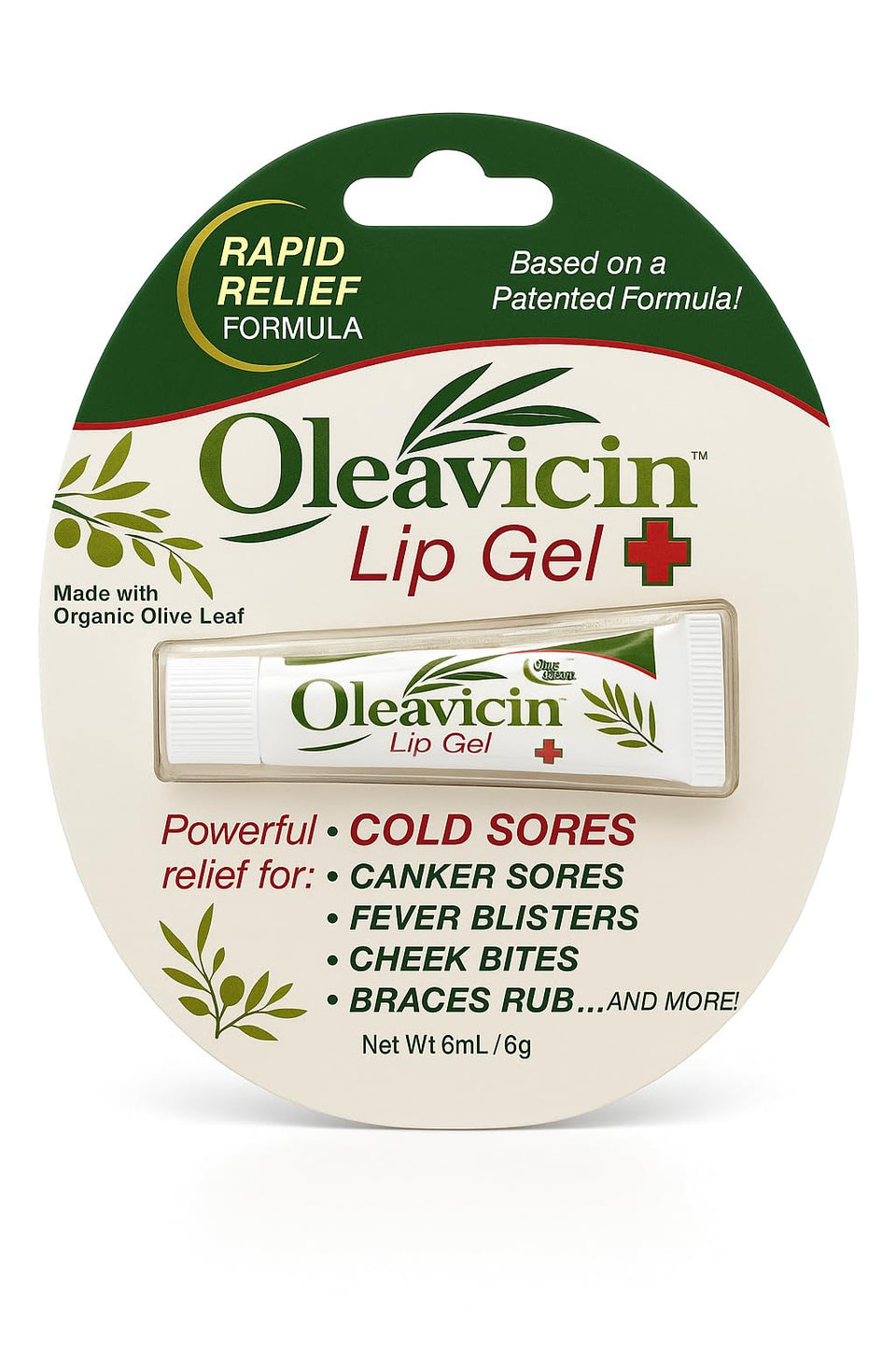Oleavicin lip gel tube close-up showing targeted relief for lips and cold sores