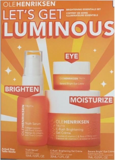 Ole Henriksen Lets Get Luminous set packaging highlighting brightening essentials for radiant skin.
