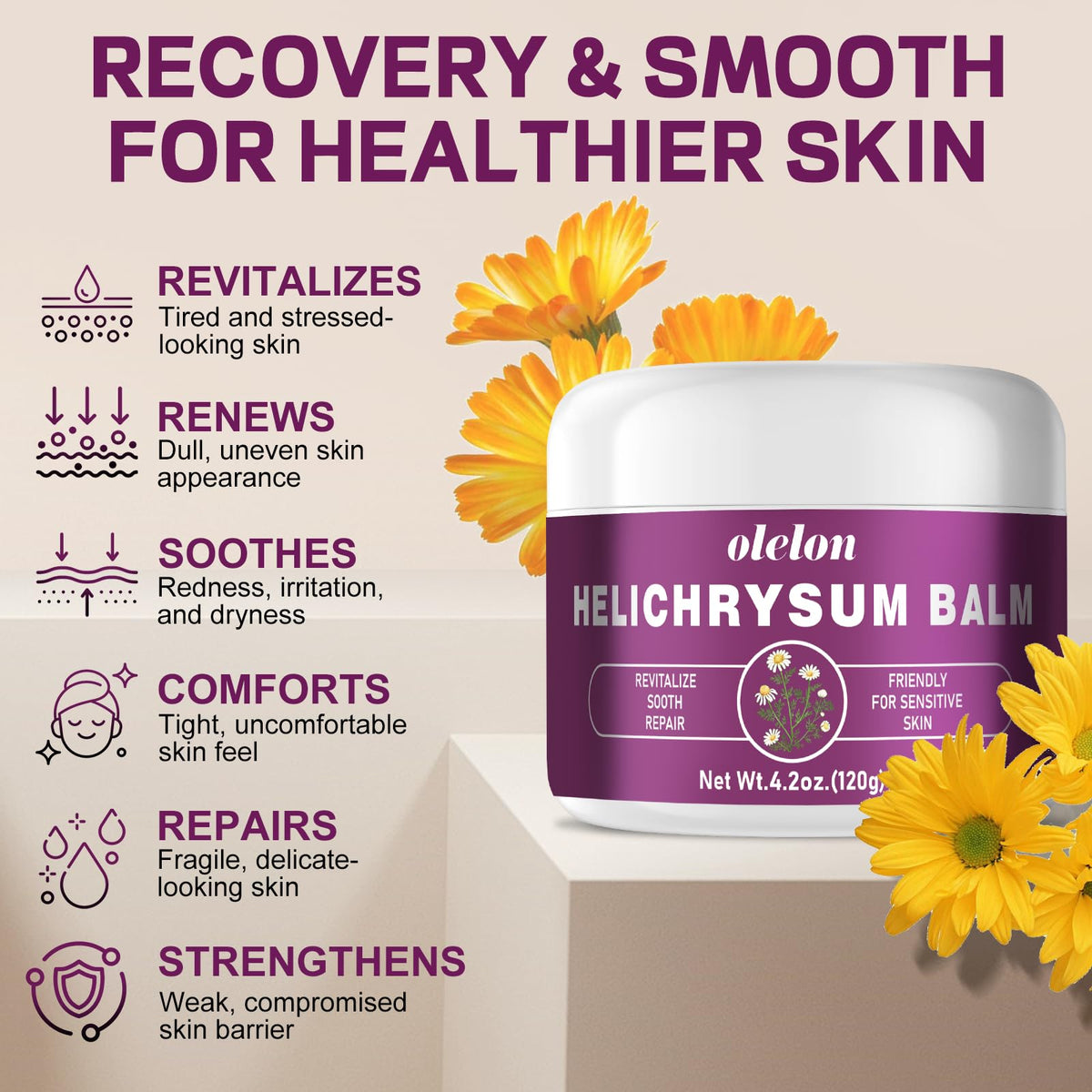 OLELON Helichrysum Balm jar close-up showing airy whipped texture for quick absorption.