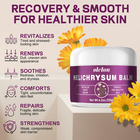 OLELON Helichrysum Balm jar close-up showing airy whipped texture for quick absorption.