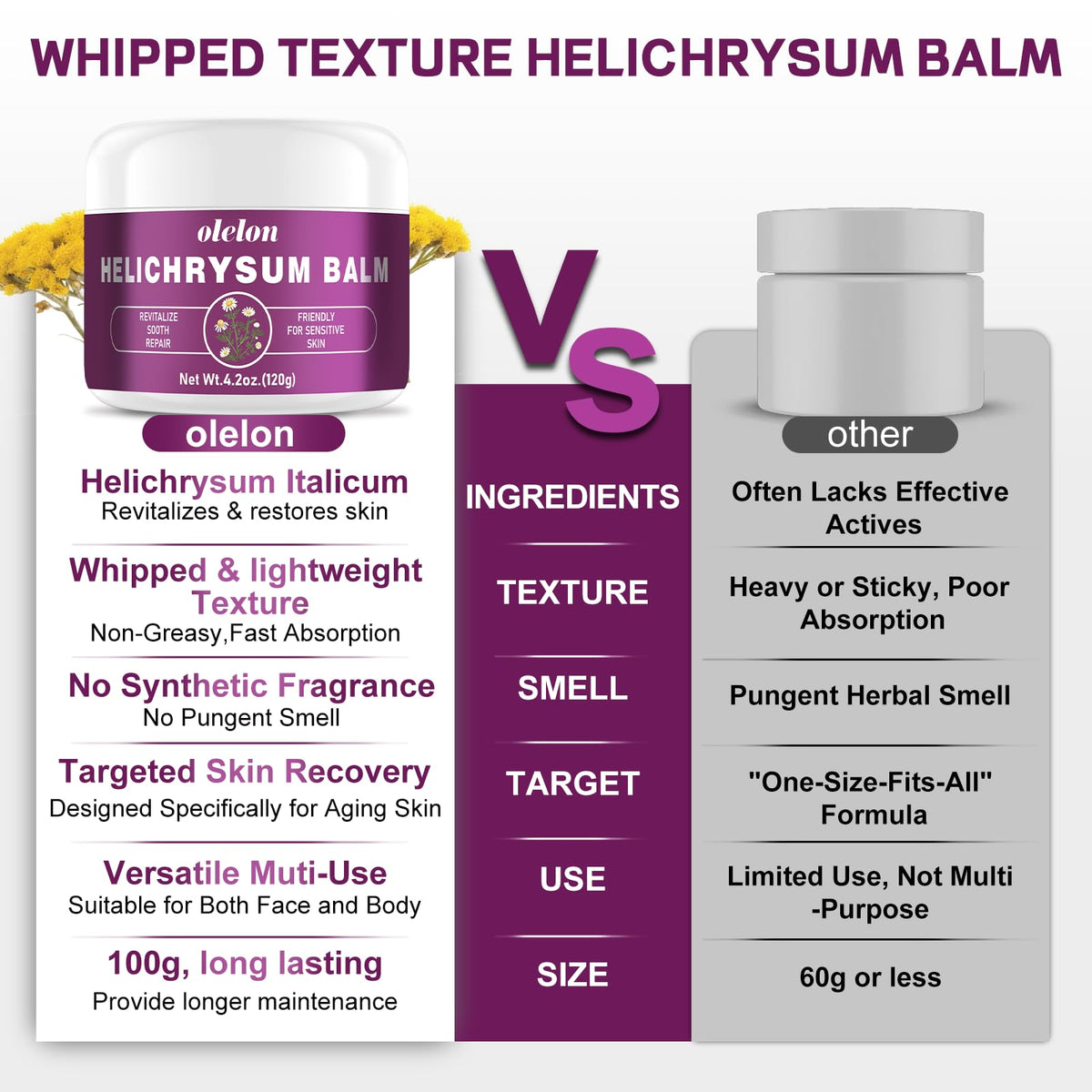 OLELON Helichrysum Balm product display for calming self-care routine.