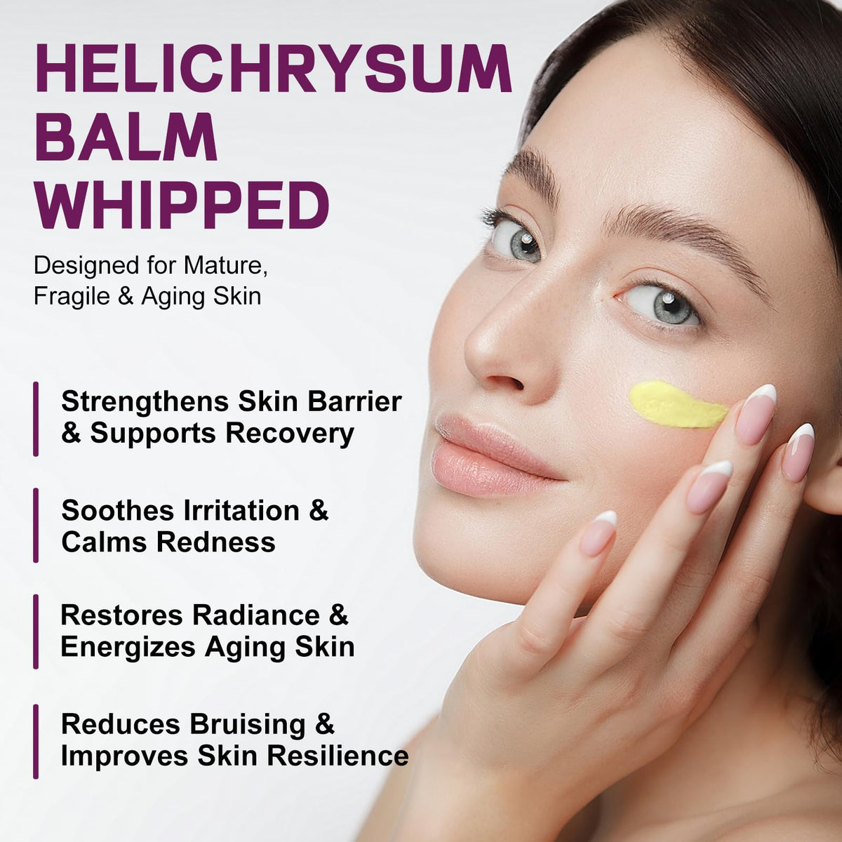 OLELON Helichrysum Balm texture close-up with light, non-greasy finish.