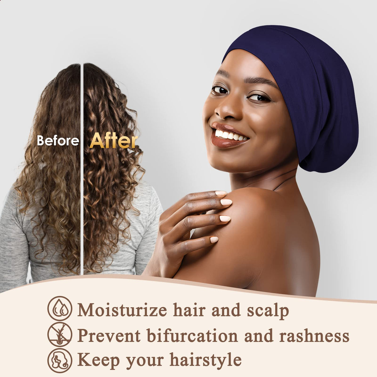 OLESILK Mulberry Silk Bonnet for Men – anti-frizz close-up illustrating protective benefits
