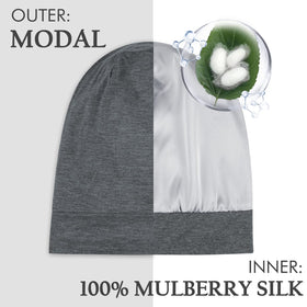 OLESILK Mulberry silk bonnet on head, promoting smooth morning hair.