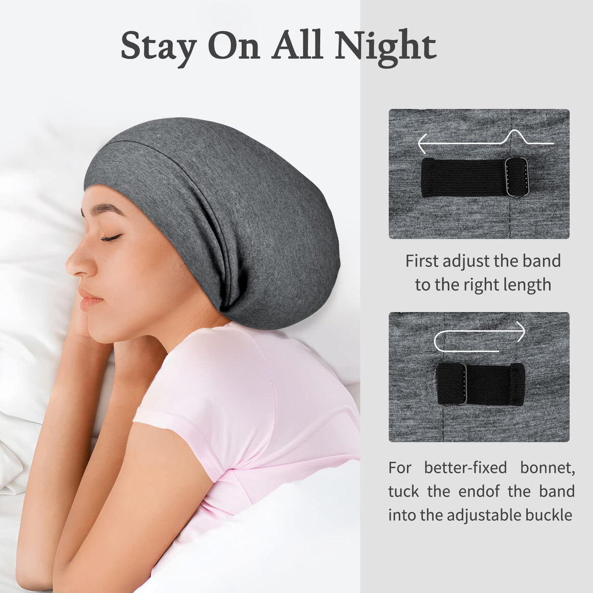 OLESILK silk bonnet wrapped around hair demonstrates gentle overnight care.