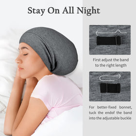 OLESILK silk bonnet wrapped around hair demonstrates gentle overnight care.