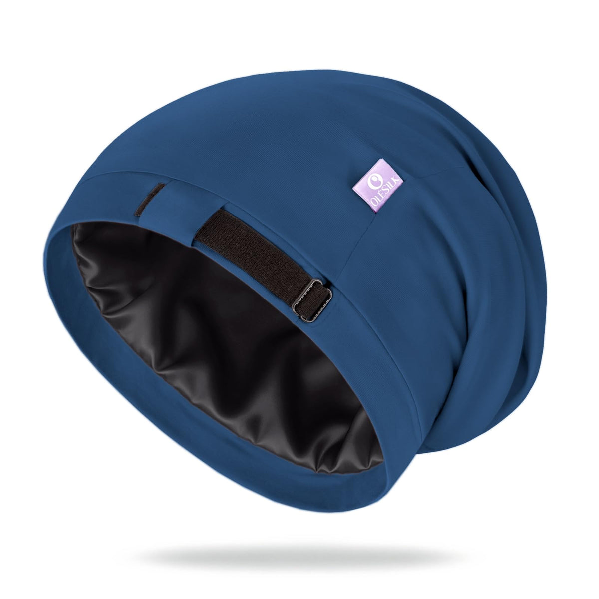 OLESILK Mulberry Silk Bonnet in royal blue with silk interior for luxurious night wear.