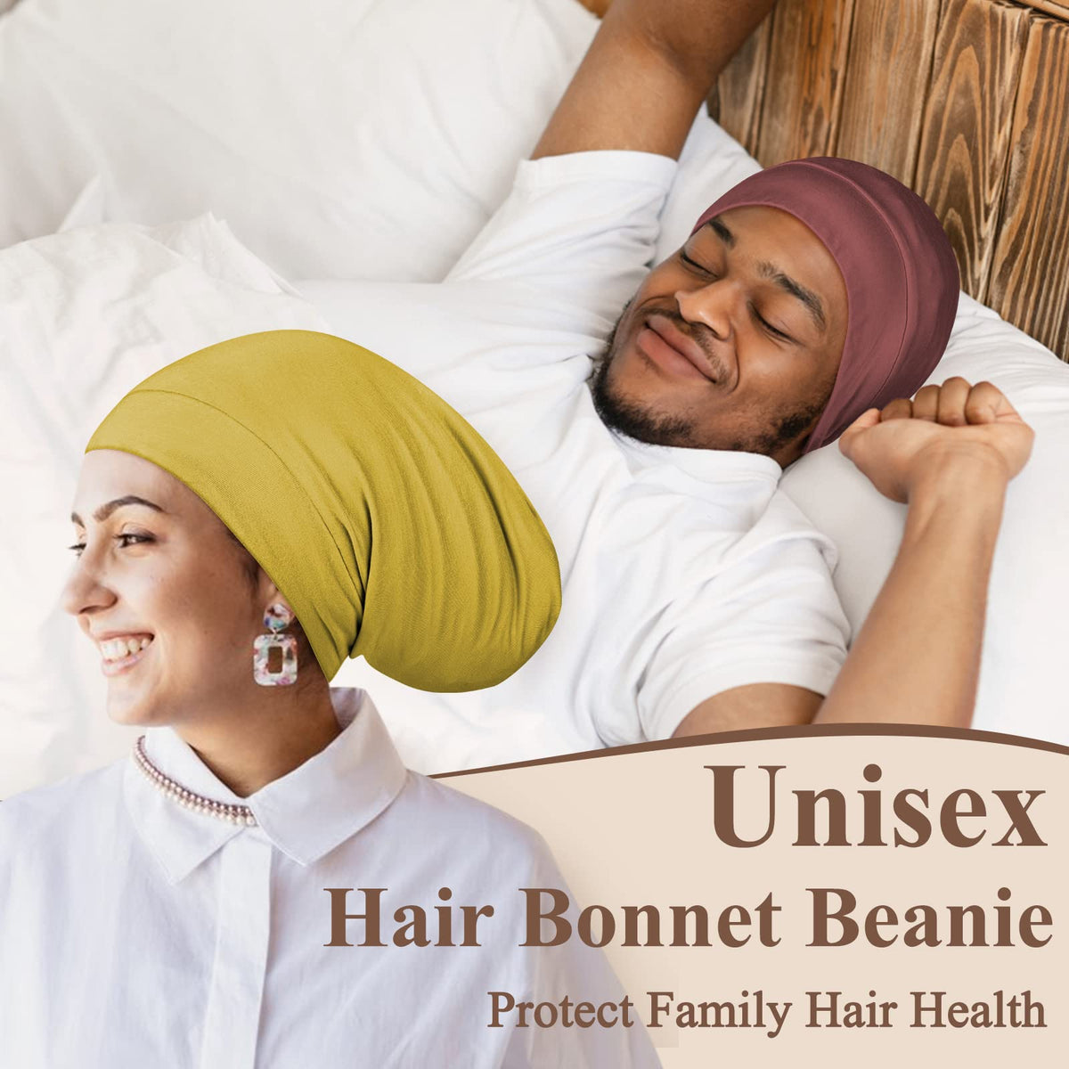 All-season comfort with OLESILK silk bonnet in bed scene.