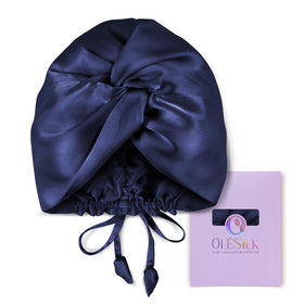OLESILK Silk Bonnet dark blue front view for gentle night wear and curl protection