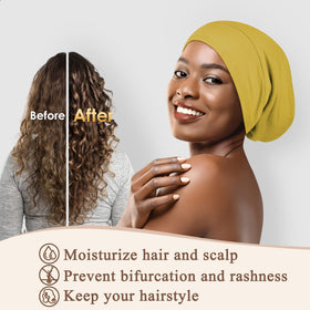 OLESILK bonnet worn during sleep to reduce friction and frizz.